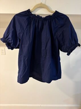 Hill House Navy Ruffled Elastic Neck Top